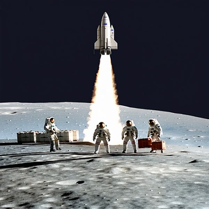 In The Image, A Group Of Four Astronauts Is Standing On The Moon, With A Rocket In The Background