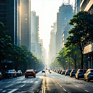 Urban Infographic Style: (city:1.23) Rideshare In Quiet Side Street With Busy City
