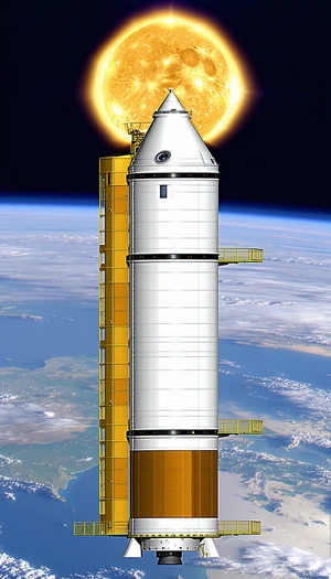 A Large Rocket Ship Is Shown In The Image, With A Bright Sun Shining Through The Top Of The Ship