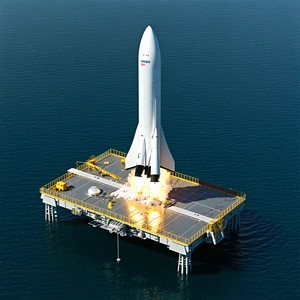 A White Rocket Ship Is On A Platform In The Ocean