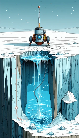 The Image Is A Comic Book Illustration Of A Spacecraft On A Frozen Planet