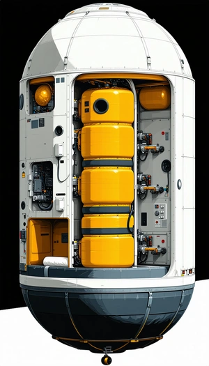 The Image Is A Computer-generated Drawing Of A Large, Cylindrical Structure With A Yellow Exterior