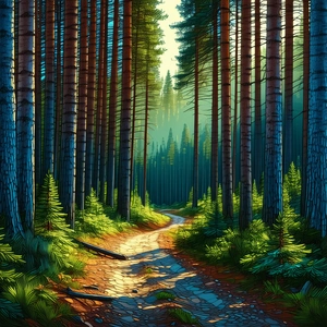 Nature Woodcut Print: Path Through Pine Forest With Forest Path