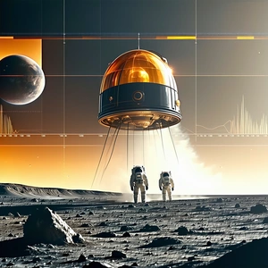 In The Image, There Is A Large, Round Spacecraft Floating In The Air Above A Rocky