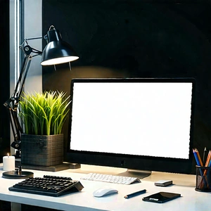 Business Concept Art: Workplace with productivity tools on desk
