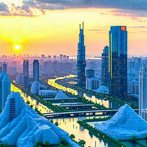 Urban Low Poly: Cityscape Of (modern:1.28) Metropolis During Sunrise With Model City