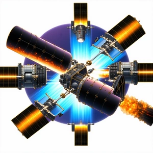 In This Image, There Is A Large Spacecraft With A Central Hub And Multiple Satellite Dishes
