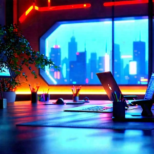 Futuristic Tech Startup Office With Desk Laptops