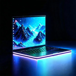 Tech Gouache Painting: Laptop With Holographic Display With Laptop Computer