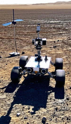 A Large Robotic Vehicle With Four Wheels, Driving Across A Dirt Field