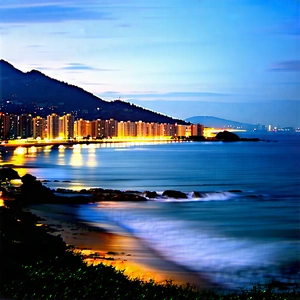 Urban Macro Photography: Cityscape Of Coastal City During Night With Beautiful Beach