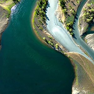 Nature 3D Render: Aerial view of winding (river:1.39)