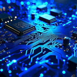 Circuit board with blue light (glow:1.23)