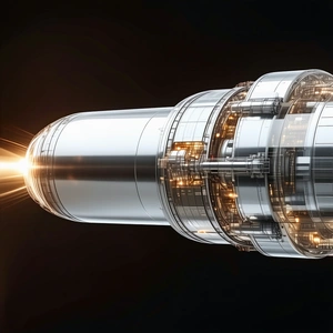 A Large, Silver, Cylindrical Object That Appears To Be A Spacecraft Or A Rocket