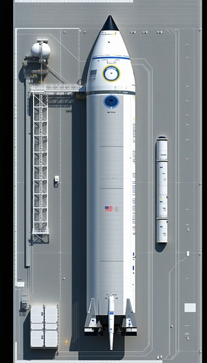A Large White Rocket Is Parked On A Runway, With A Truck Nearby