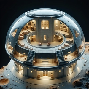 The Image Is A Computer-generated (cgi) Model Of A Large, Round Building With A Dome-shaped Roof