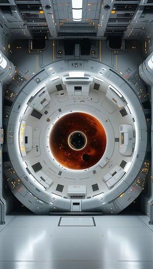 In The Image, There Is A Large White Spacecraft With A Black Circle In The Center