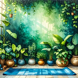 Lifestyle Gouache Painting: Wellness Scene With Yoga Mat And Plants With Image, There