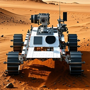 A White Robotic Vehicle Is Driving Across A Red Dirt Field