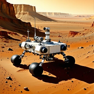 A White Rover Vehicle Driving Across A Rocky Terrain