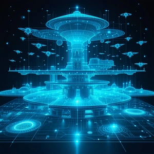 In This Futuristic Scene, A Massive Space Station Is Surrounded By Numerous Small Spaceships
