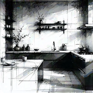 Lifestyle Charcoal Drawing: Modern Kitchen With Minimalist Decor With Black White