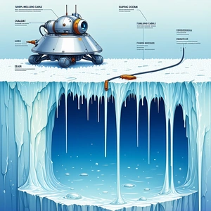 The Image Is A Cartoon Illustration Of A Submarine, With A Large Iceberg In The Background