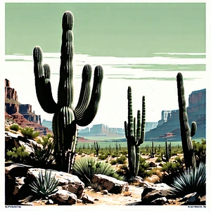 Nature Linocut Print: Cactus In Rocky Terrain With Desert Landscape