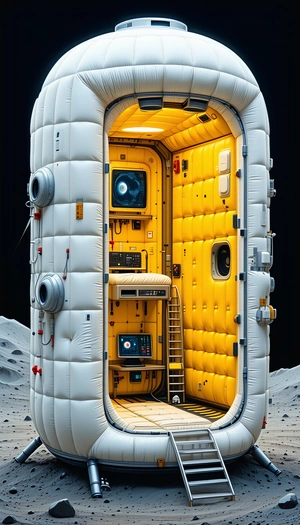 A Large, White, And Yellow Spacecraft With A Hatch Door Open