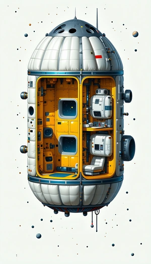 A Large, White And Yellow Spacecraft Is Shown In A Detailed Illustration
