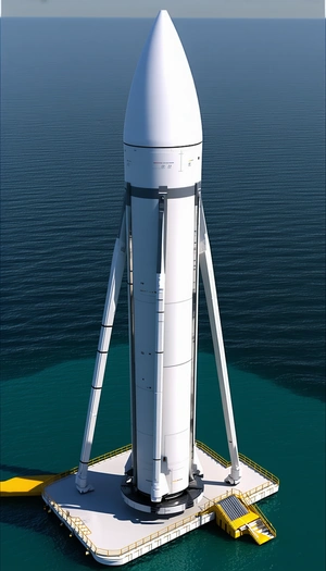 A Large White Rocket Ship Is Floating On The Water