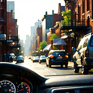 Urban Digital Illustration: City Rideshare In Quiet Side Street With Busy City