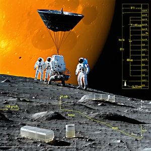 A Group Of Four Astronauts Standing On The Moon, With A Large Spacecraft In The Background
