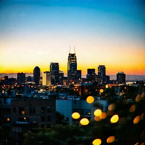 Urban Editorial Photography: Cityscape Of Urban Skyline During (sunset:1.41) With Nighttime View