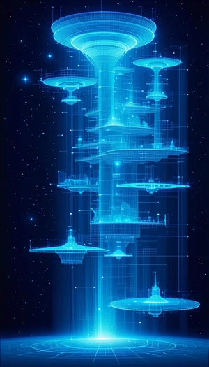 In This Image, There Is A Futuristic Cityscape With A Large Tower In The Center