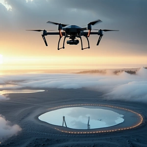 A Large Drone Flying High Above A Circular Structure, Which Appears To Be A Large Mirror