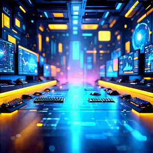 Futuristic Digital Workspace With Image, There