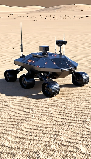 A Robotic Vehicle Is Sitting On A Sandy Surface, Possibly A Desert