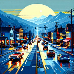 Urban Woodcut Print: Cityscape Of Small Town During Rush Hour With Painting Street