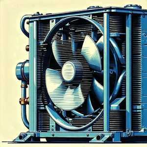 Tech Woodcut Print: Close-up Of Cooling System With Blue White