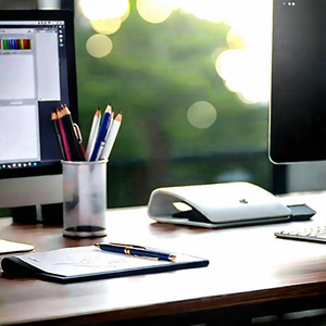 Business Vector Art: Workplace with modern office supplies on desk