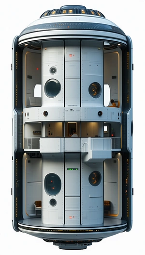 A Large White Spacecraft Is Shown In A Three-dimensional View