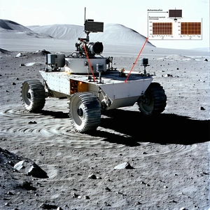 A White Robotic Vehicle, Possibly A Rover, Driving Across A Rocky Terrain