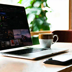 Business Cinema 4D: Workplace with laptop and coffee on desk