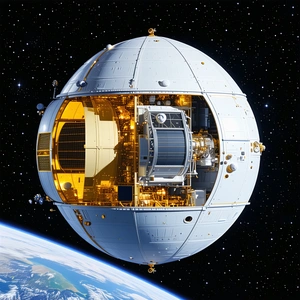 A Large White Spacecraft With A Dome-shaped Structure, Possibly A Satellite Or A Space Station