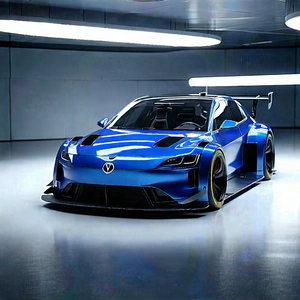 Tech Digital Art: Automotive Technology In (design:1.22) Studio With Blue Sports