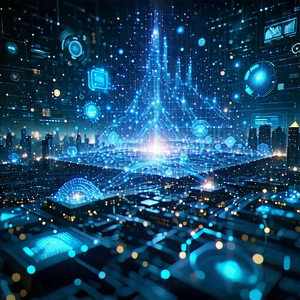 Tech Digital Illustration: Big Data Visualization With Futuristic Scene,