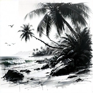 Nature Charcoal Drawing: Tropical Plants In Coastal Environment With Black White