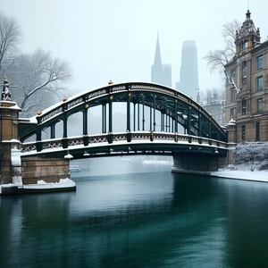 Urban Architectural Photography: Iconic Bridge With Snow Covering With Large Bridge