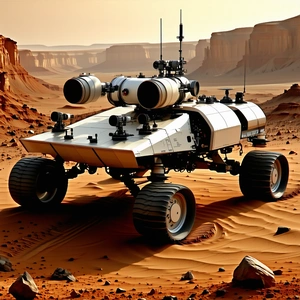 A White And Grey Robotic Vehicle Is Parked On A Dirt Road In A Desert-like Environment